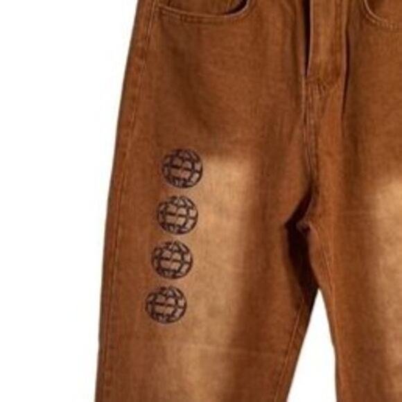 FASHION Jeans Mens Size 28" Waist Brown Baggy Y2K Grafitti Korean Streetwear NWT - Picture 7 of 10